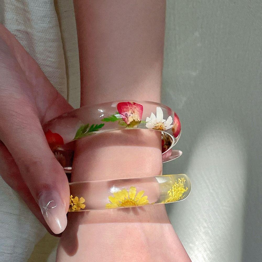 Resin Acrylic Bangle Bohemian Big Cuff Bangle Unique Natural Dried Flower Bracelet  Girls