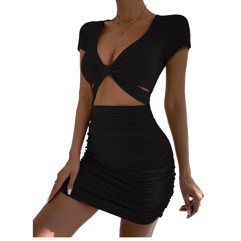 2026 Women's Sexy V-neck Cut-out Hip-hugging Summer Dress - European and American Style Short Sleeve.
