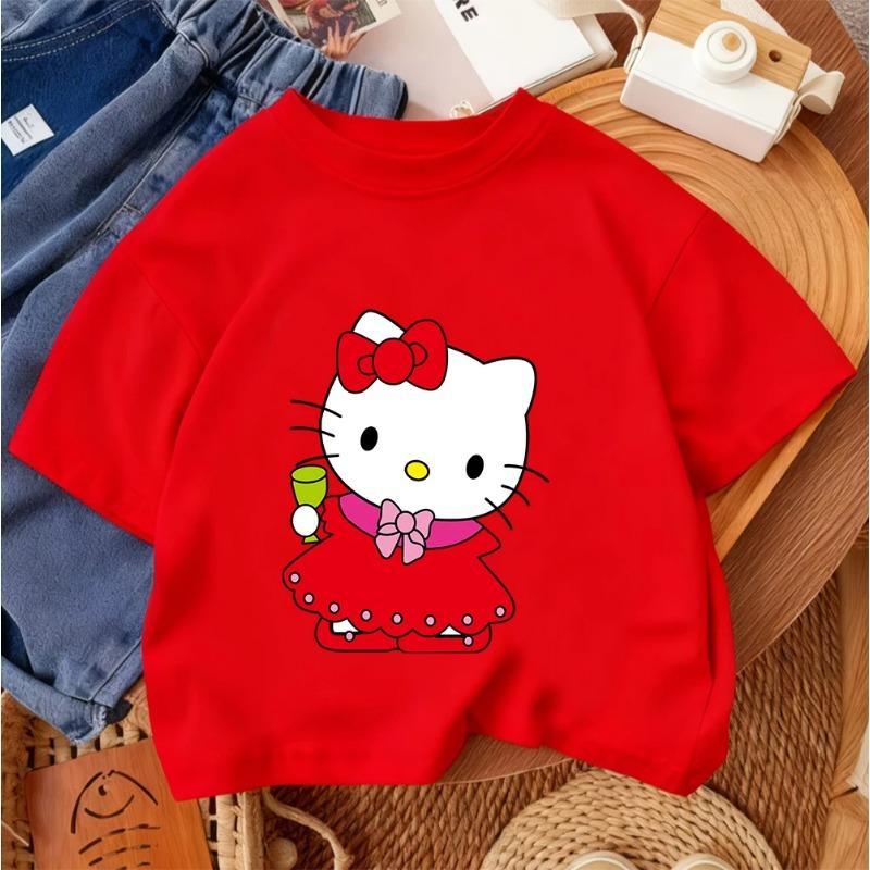 Summer Cute Casual Round Neck Top Street Style Children's Hello Kitty Cartoon Fashion T-Shirt