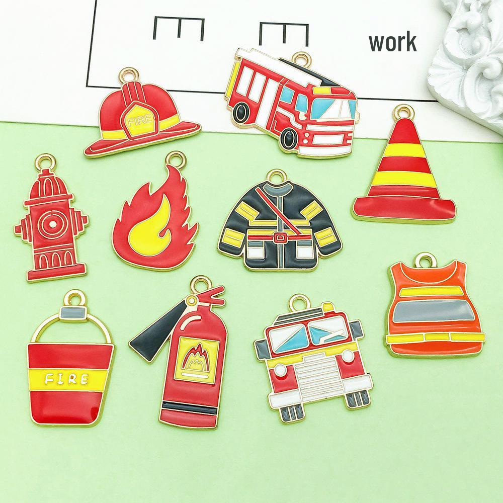 10-Color Enamel Fire Truck & Flame Pendant Charms for DIY Jewelry