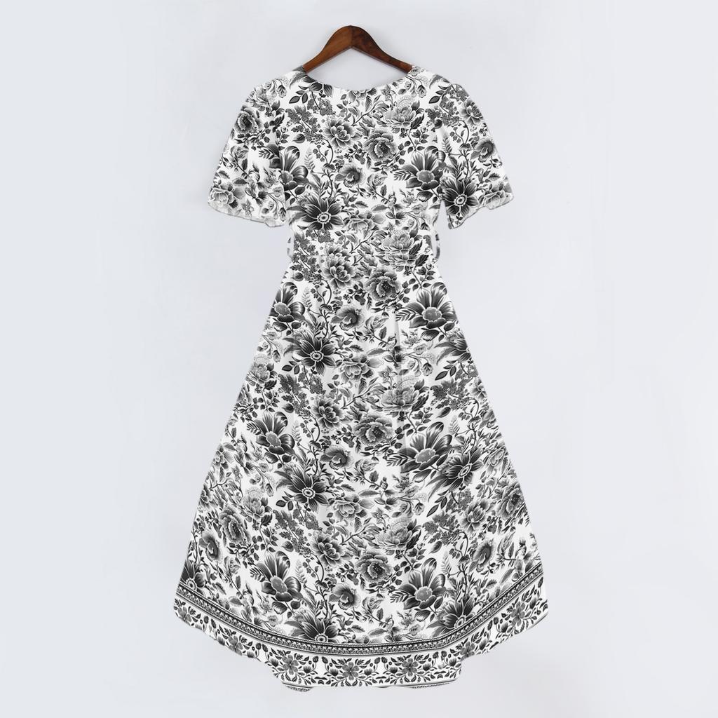 Women's Fashion Casual V Neck Short Sleeve Retro Floral Print Dress Midi Length Lightweight Summer Dress