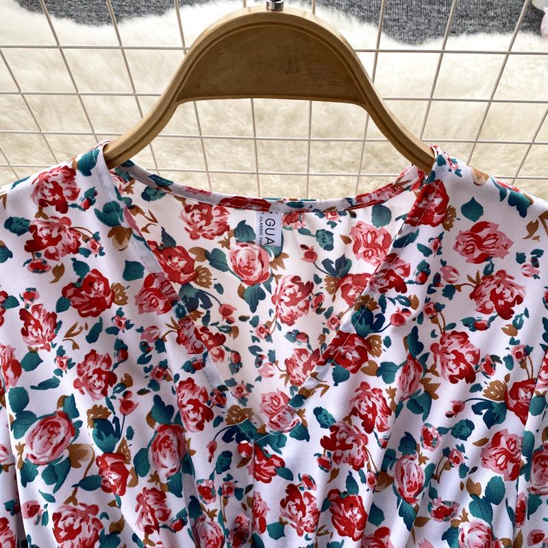 Women Summer Spring Short Sleeve Flower Print V-neck Casual A-Line Ankle-Length High Waist Dress