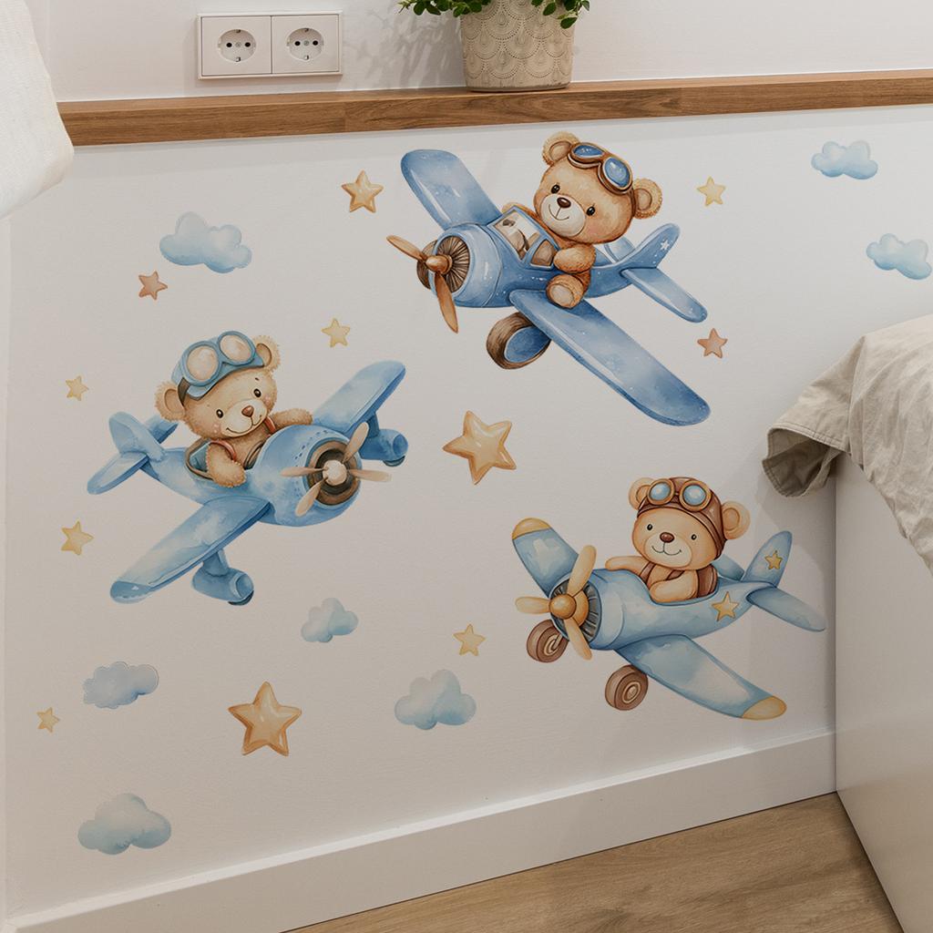 Cartoon Hand-Painted Bear Airplane Wall Sticker Kids Room Bedroom Entrance Home Wall Decoration Self-Adhesive
