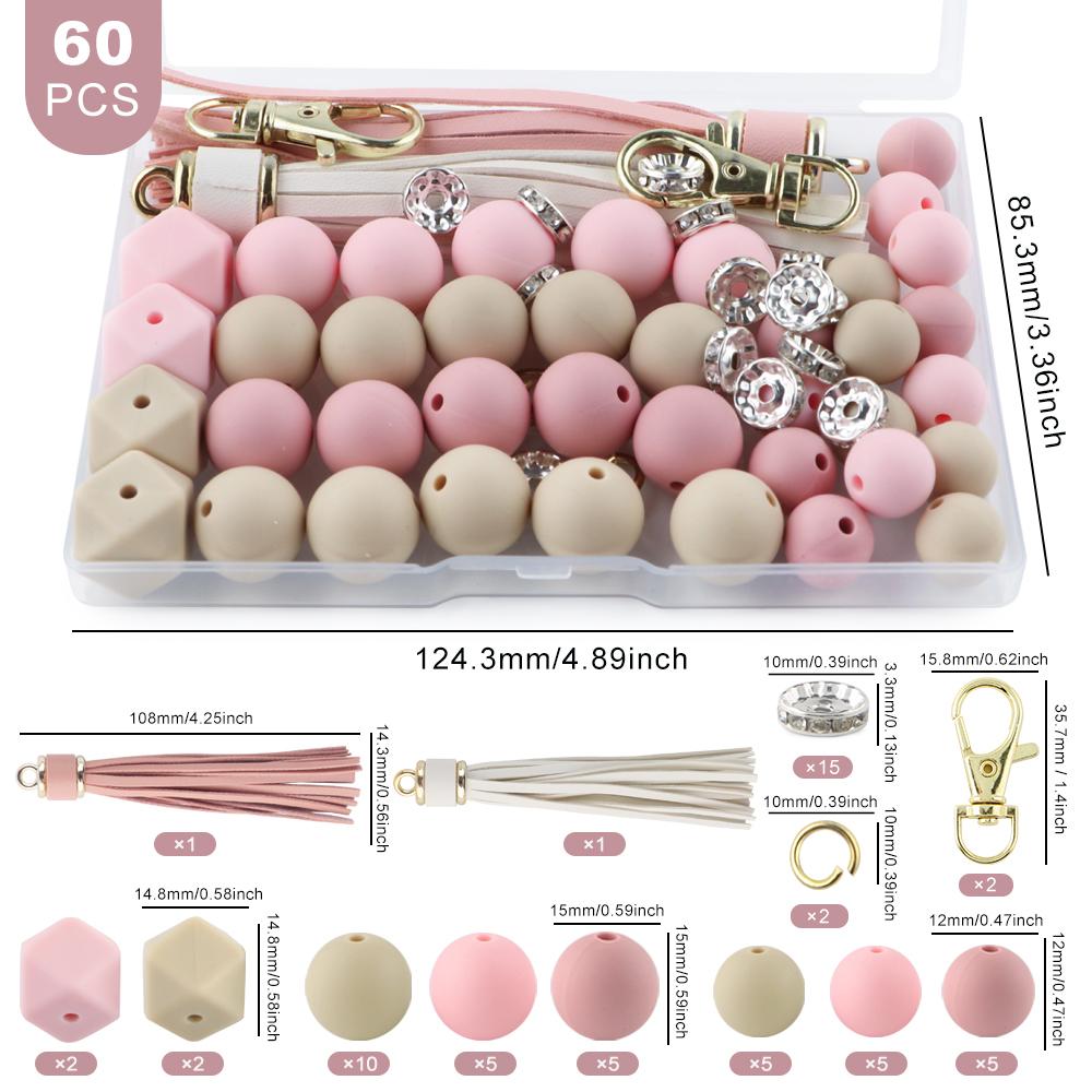 New 60Pcs/Box Leather Keychain Tassels Silicone Bead Round Hexagon Lentil For Jewelry Making DIY Keychain Bracelet Accessories