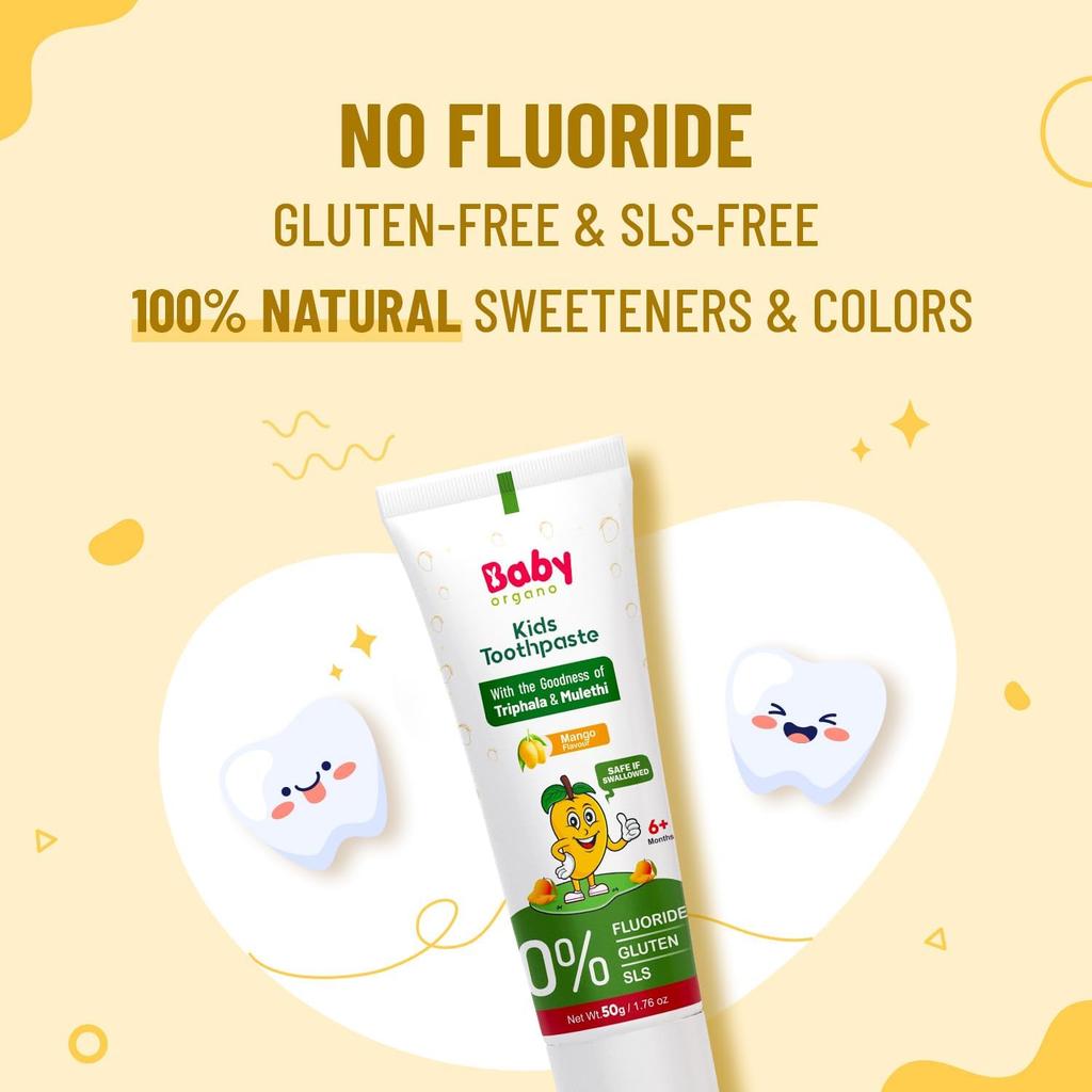 BabyOrgano® Herbal Toothpaste for Kids L 100% Ayurvedic L Non Gel Formula L Goodness of Babool and Mulethi L Mango Flavour- 50gm (Pack of 4)