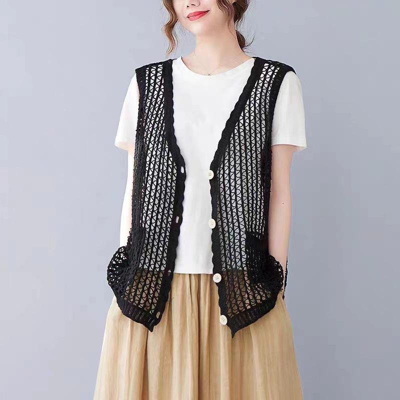 Retro Artistic Hollow-Out Knit Vest – Women's Loose Cotton-Linen Cardigan