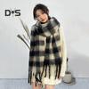 Women Scarf Plaid Print Thickened Warm Long Shawl with Tassel Trim Versatile Winter Blanket Wrap Daily Wear