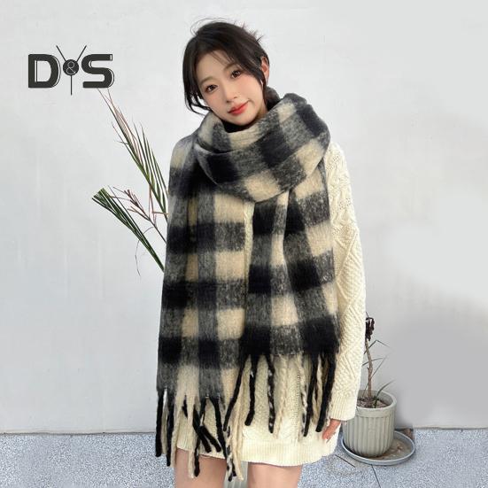 Women Scarf Plaid Print Thickened Warm Long Shawl with Tassel Trim Versatile Winter Blanket Wrap Daily Wear