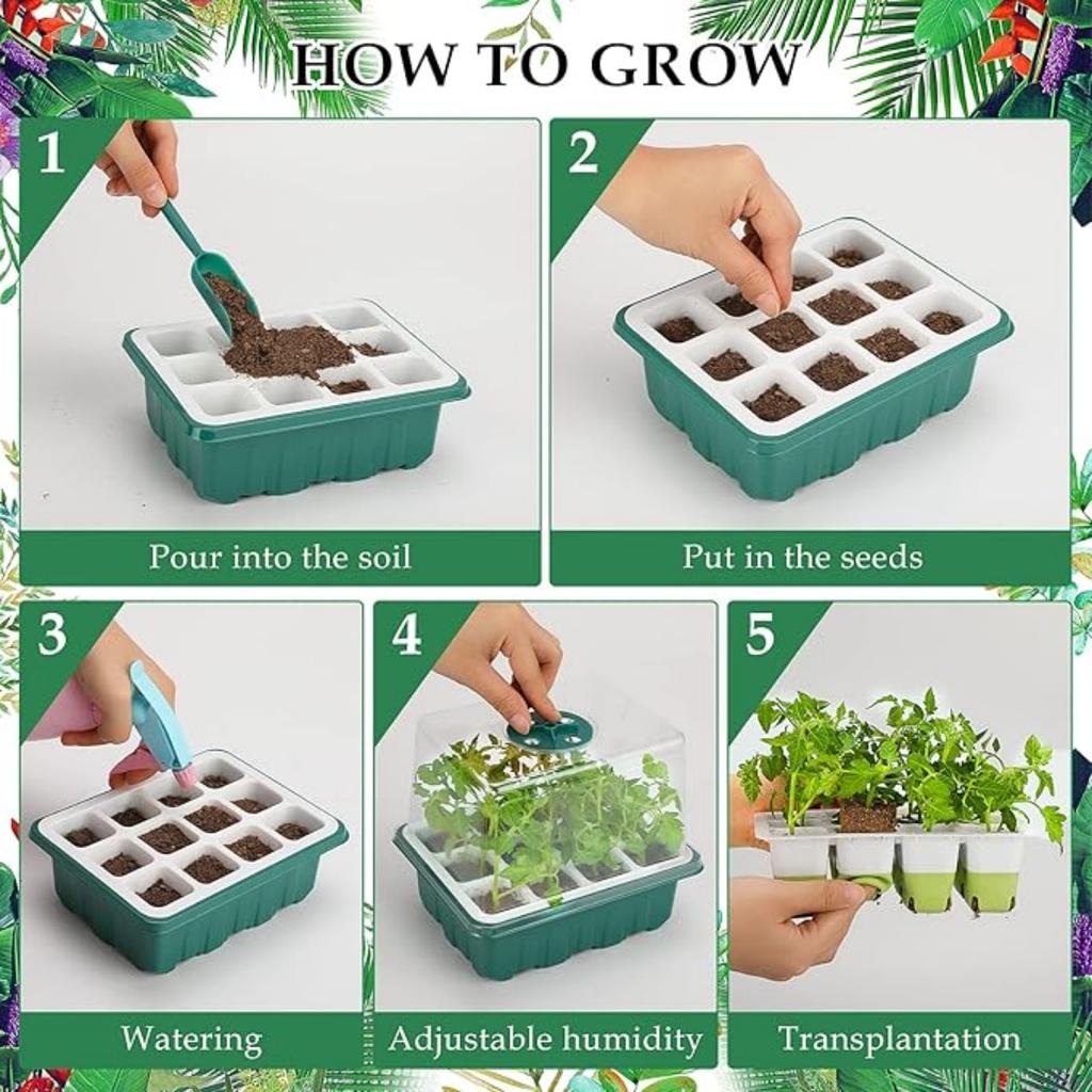 12 Cells Seed Starter Tray, Indoor Seed Starter Kit, Flexible Silicone Designed Seedling Starter Trays, Germination Tray with Humidity Dome & Lids