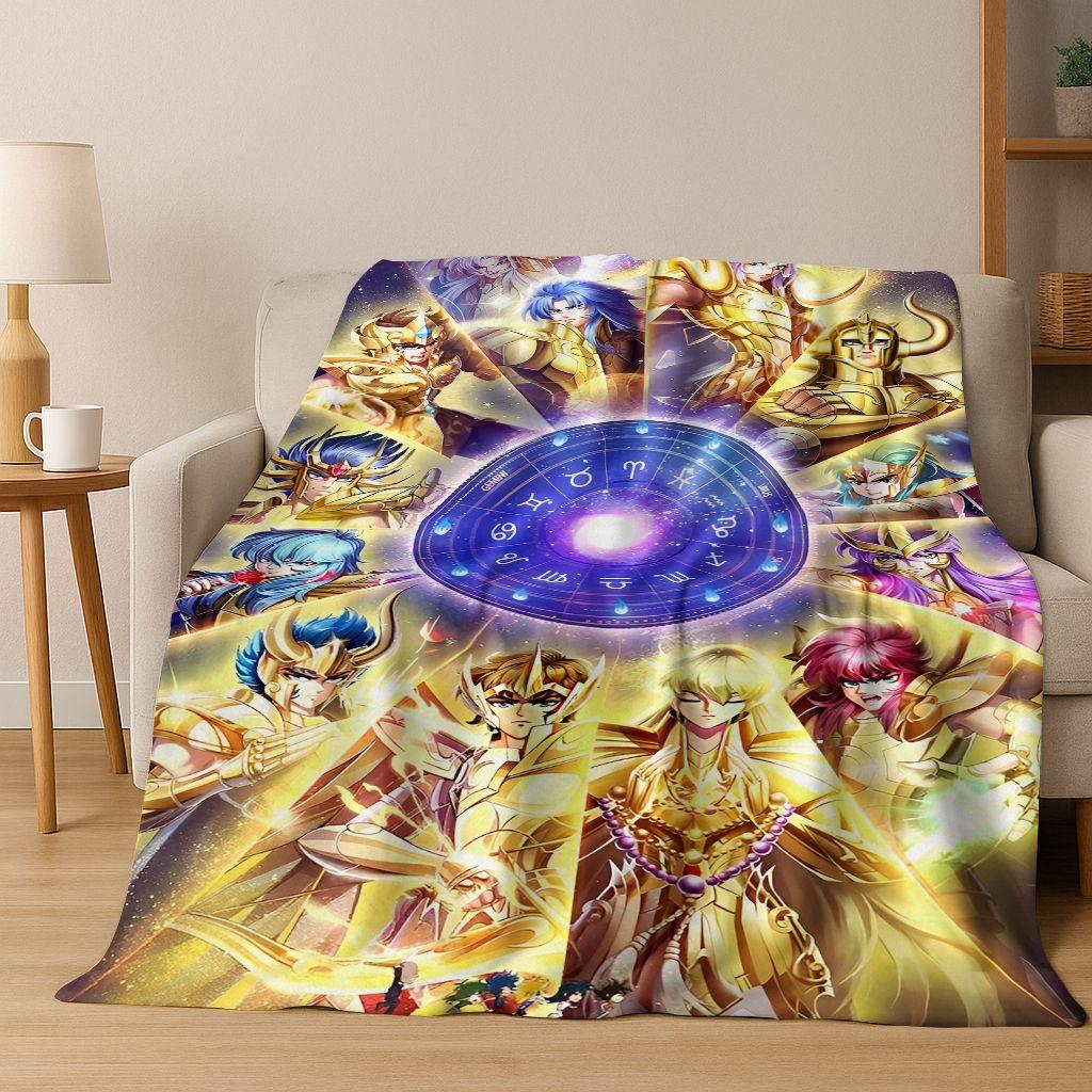 Retro Anime Saint Seiya Gold Saint Cartoon Flannel Blanket,Cozy Soft Throw Blanket for Home Bedroom Bed Sofa Picnic Cover Kids