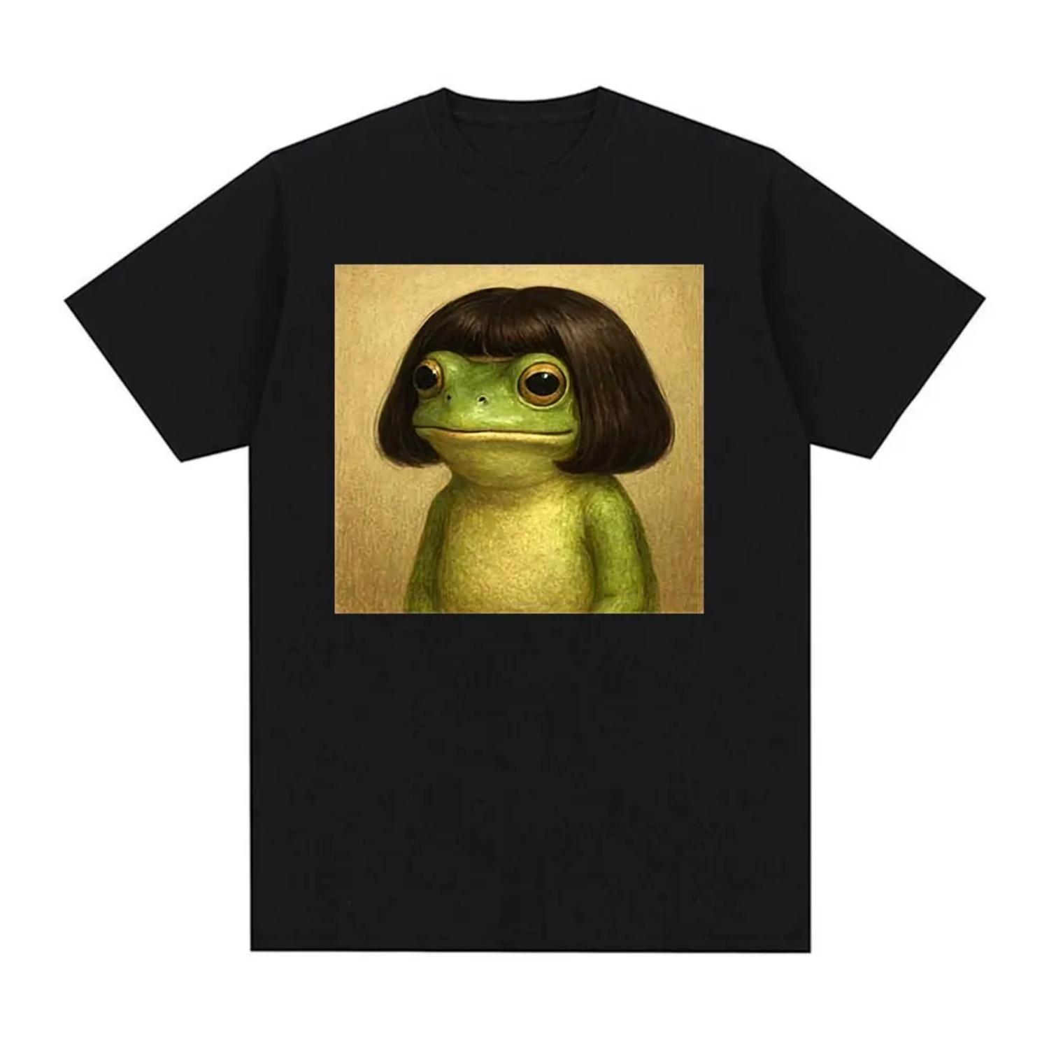 

Funny Frog Face with Bob Haircut Meme T Shirt Fashion Humor Short Sleeve T-shirts Vintage 90s Casual Oversized T-shirt S чёрный
