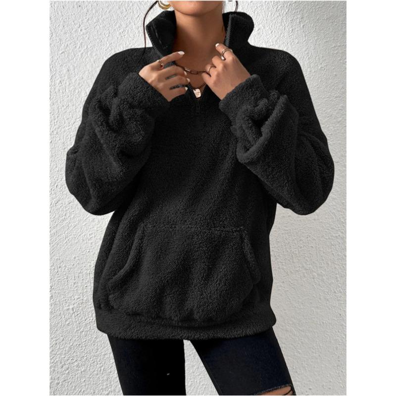 Autumn Winter Woolen Plus Plush Women's Standing Collar Hoodie Casual Top Hoodie