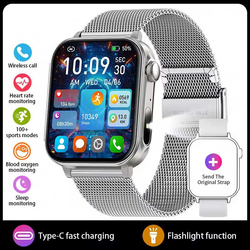 LUCKY START Type-C Fast Charging Smart Watch Men Women Health Manager Bluetooth Call LED Flashlight Waterproof Sport Fitness Smartwatch