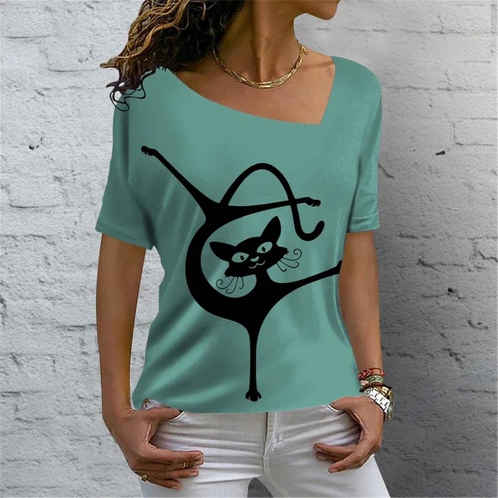 Kreslená kočka Digitální 3D tisk Dámské tričko Krátký rukáv Léto Ležérní Šikmý límec Personalizované Žena Dámské topy Oblečení
