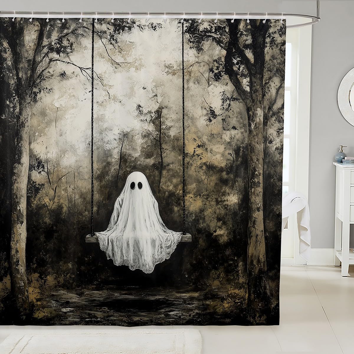 

Ghost Shower Curtain Haunted Forest Swing Scene Halloween Theme Spooky Art Bath Decor Waterproof Fabric Home Accessories W60H190(CM)-1 Pcs