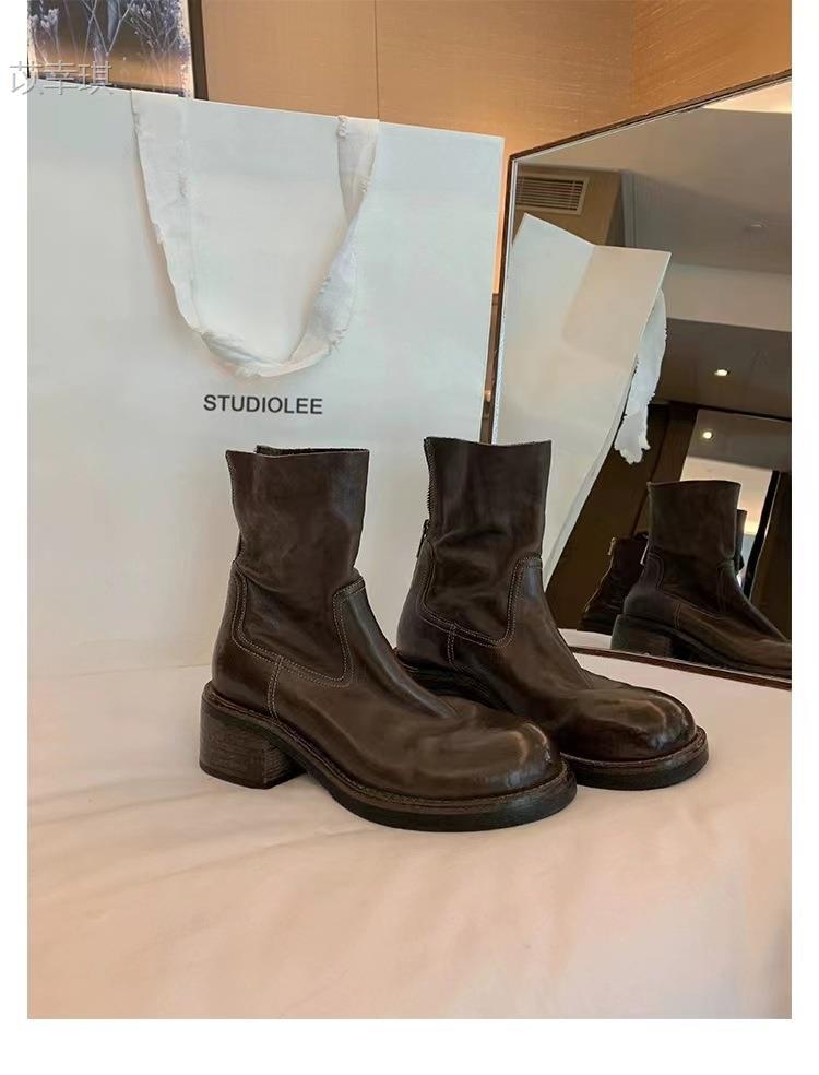 

Cowhide Grape Mom Same Leather Platform Short Boots Women s High Heel Boots Autumn and Winter Retro Martin Boots Thick Heel Skinny Boots 40