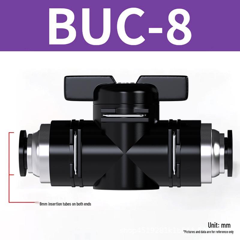 Zhuoji Pneumatic BUC-6-10 Hand Valve with 8mm Tubing, 12mm Straight-Through Air Valve, Quick-Connect Fittings.