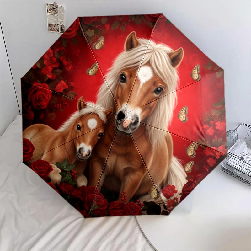 1 PC Automatic Folding Umbrella - Red Rose Horse Pattern, Portable & Foldable Design with 8 Ribs, Christmas Birthday Gifts