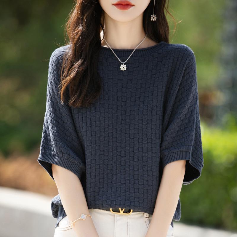 

Свитер из чистого хлопка с круглым вырезом, с короткими рукавами, женский, летний, новая модная универсальная футболка со средними рукавами, модный топ L