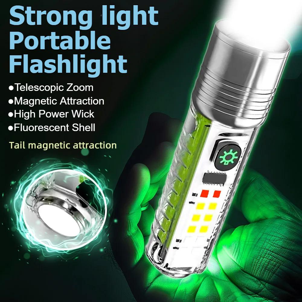 High Power LED Flashlight Zoom USB C Rechargeable Lamp with Sidelight and Tail Magnet Fluorescent Multifunction Torch UV Light