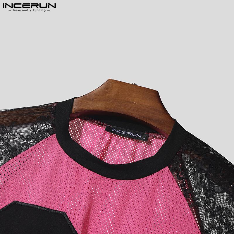 INCERUN Men Lace Patchwork Short Sleeve Letter Print Hollow Out Casual T-shirts Tops