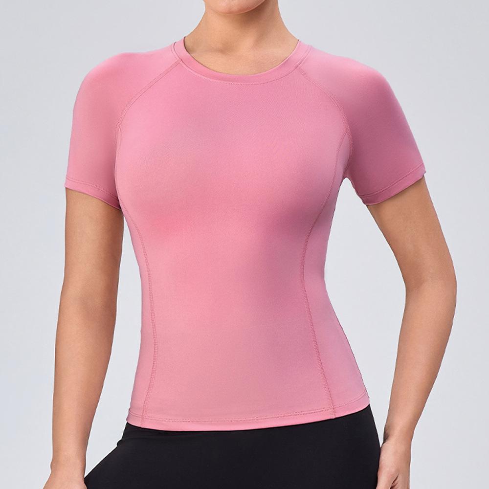 Women Slim Fit Yoga Short Sleeve T-shirt High Elastic Quick Dry Round Neck Top Breathable Slimming Gym Sports Running Shirt