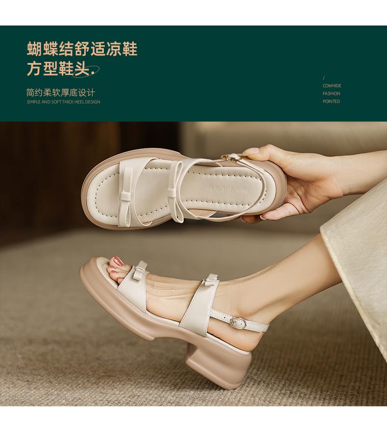 Thick-soled Flat Belt Fashionable and Versatile Design with Genuine Leather Bow Sandals