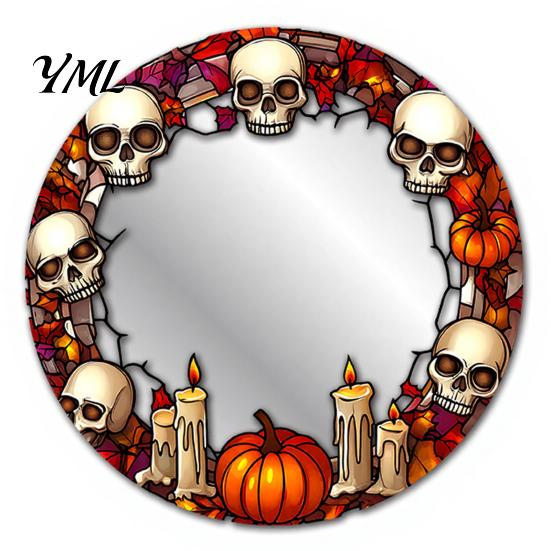Seasonal Home Wall Decorations Halloween Decorative Mirror Stickers with Spiders/Skeletons/Pumpkins, Retro Hanging Pumpkin Mirrors Ornament,