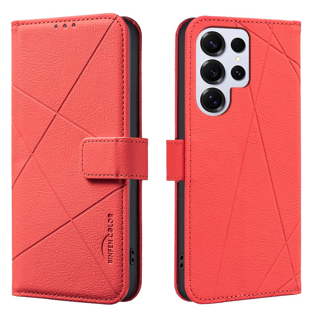 

For Samsung Galaxy S24 Ultra Case BINFEN COLOR BF35 Geometry Imprinted Leather Phone Cover RFID Blocking Wallet Stand Red