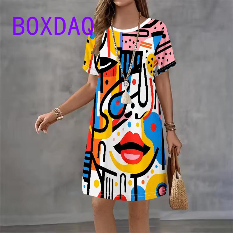 Retro Portrait Art Facial Pattern Women Dress Short Sleeve O-Neck Loose Casual A-Line Dress Summer New Street Ladies Sundress