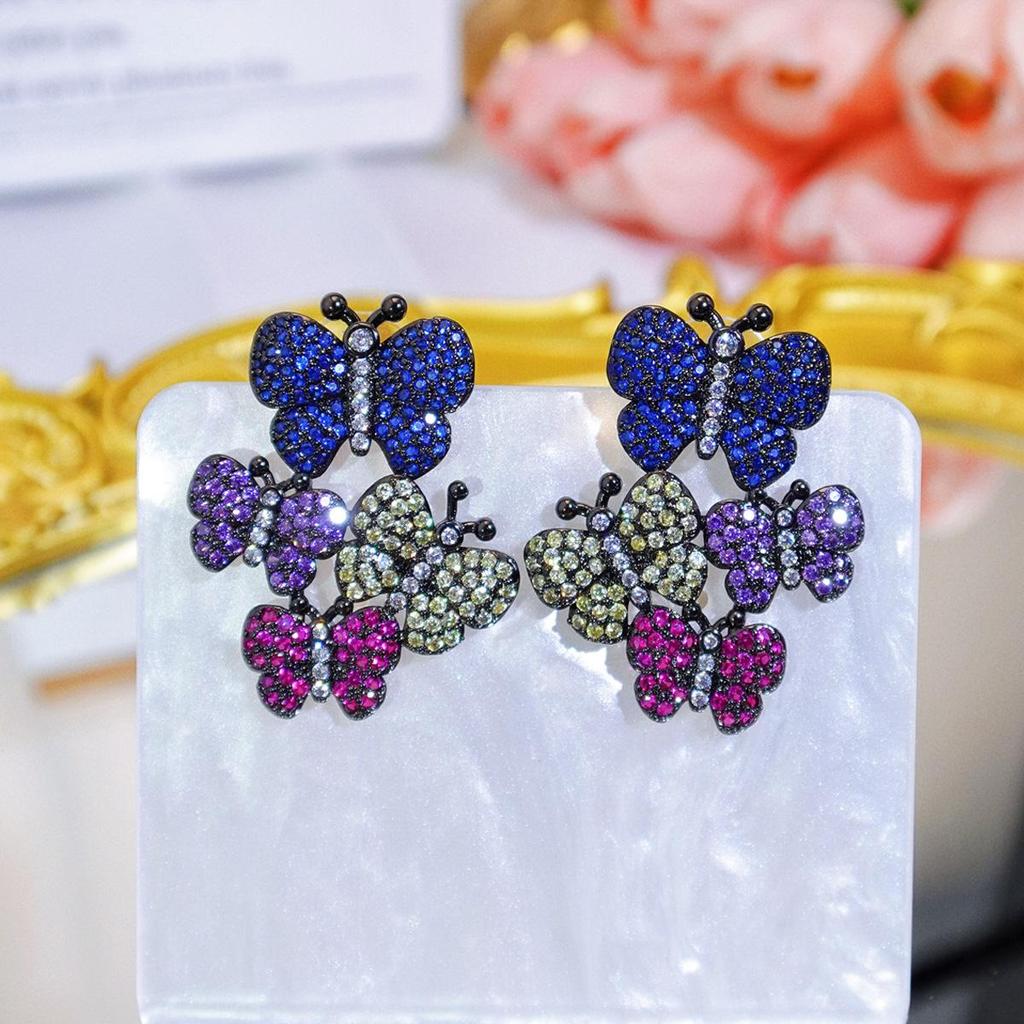 WWJ Creative Design Sense Flower Butterfly Retro Palace Style Micro-Inlaid Color Zircon Women's Party Drop Earrings