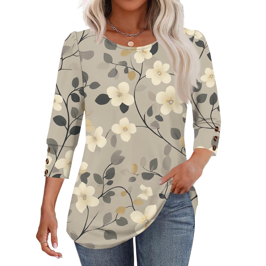 Womens Tops 3/4 Sleeve With Buttons Casual Blouses Summer Outfits Beach Vacation Clothes