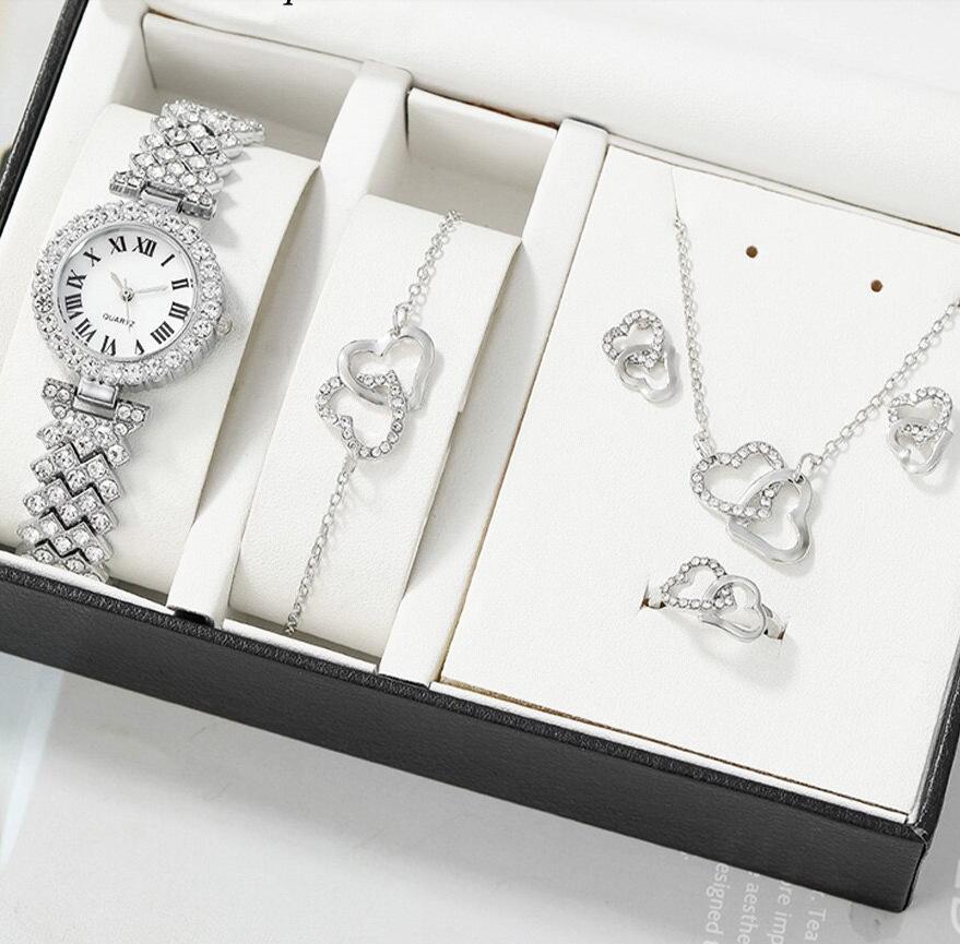 5pcs/set New Women's Steel Band Watch Set Fashionable And Versatile Personalized Full Diamond Butterfly Quartz Steel Band Watch