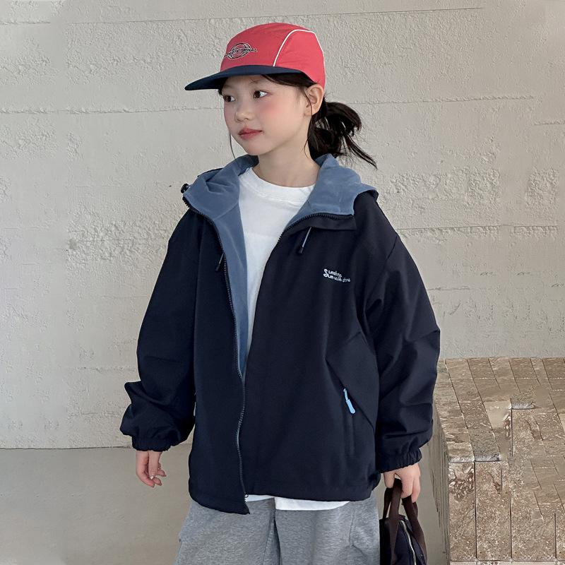 Girls' Korean Style Reversible Hooded Windbreaker: Trendy Spring/Autumn Jacket for Big Girls