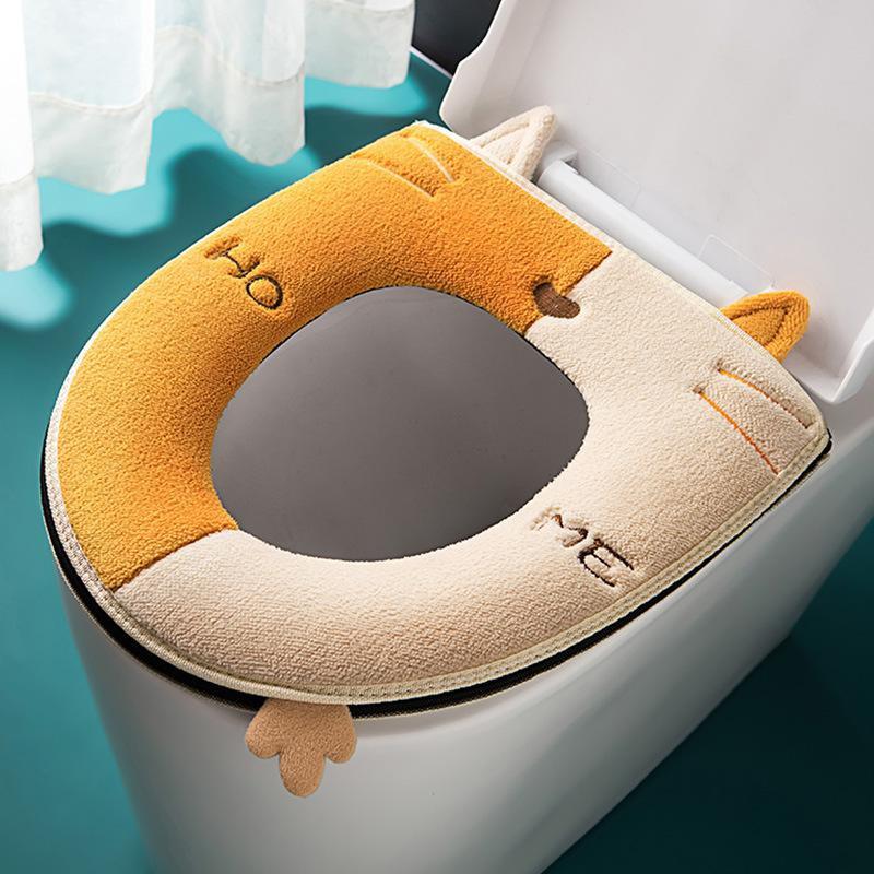 Cat Toilet Seat with Handle Zipper Thick Warm Universal Seat Cushion Winter Ring Suede Embroidery Pattern Toilet Accessories жёлтый