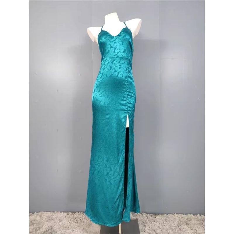 Export Single Lu Home Graceful and Fashionable New Suspender Smooth Fabric Open Back Jacquard Beautiful All-Match Split Dress