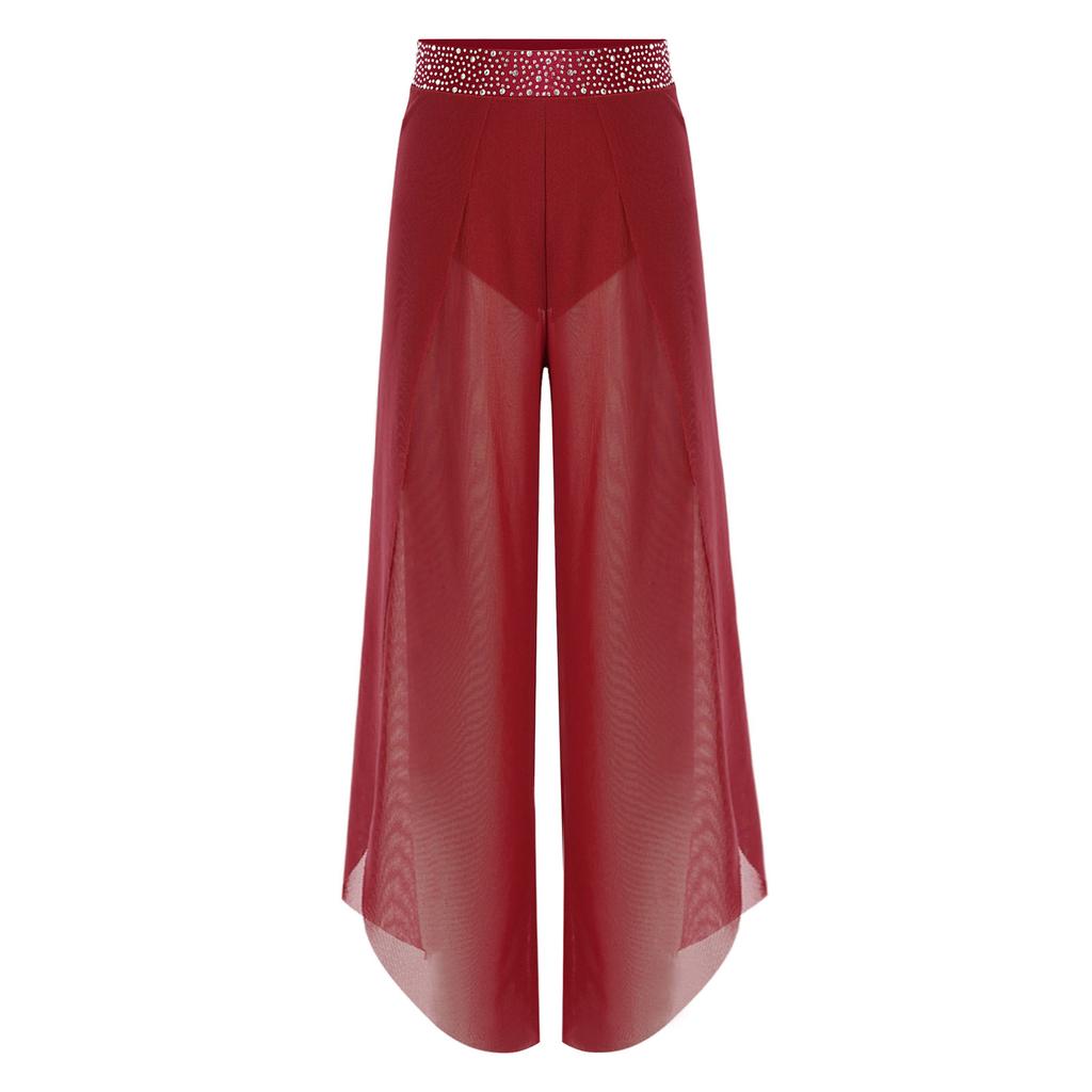 Traje de Dança Lírica para Meninas Cintura Brilhante com Strass Calça de Tela com Fenda Lateral