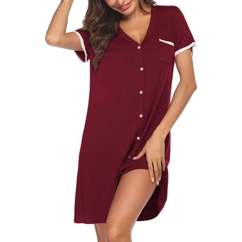 For Women V-neck Short-sleeved Contrasting Color Home Wear Simple Women Short Nightgown Summer Mid-length Dress with Pockets