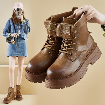 Botas de Mujer 2024 Otoño Nuevo Británico Casual Suela Gruesa Aumento de Altura Estudiante Cordones Botas de Motocicleta Comodidad Botines