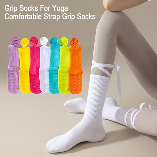 Yoga Pilates Socks with Grips for Women Non-Slip Tie-up Ankle Socks Grippy Lace-up Crew Socks for Barre Ballet Dance