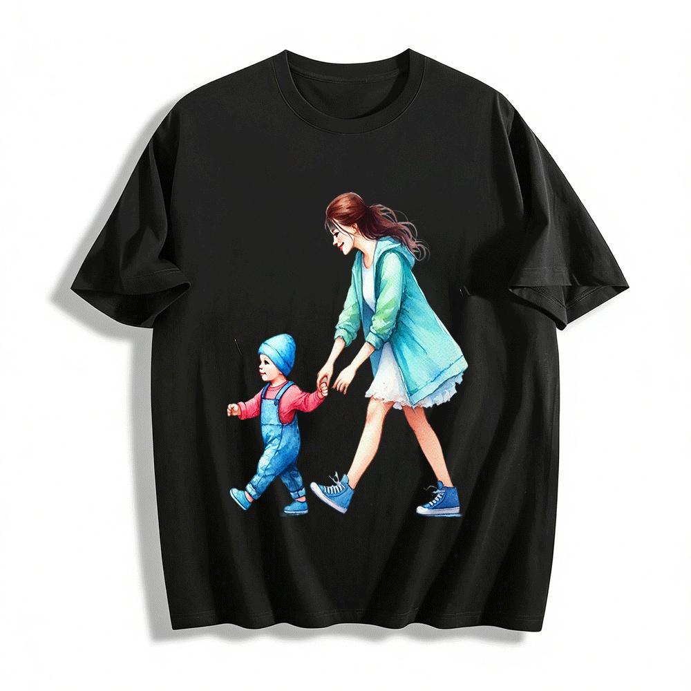 Mom And Toddler Holding Hands Print Casual Top Pure cotton T-shirt XXS