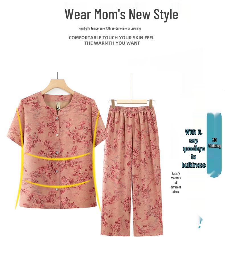 Summer Plus-Size Two-Piece Stylish Set for Middle-Aged & Elderly Women with Short Sleeves