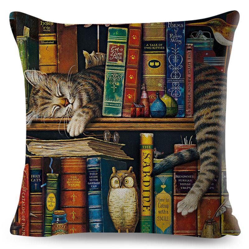 Cute Book Cat Party Cushion Cover Decor Cartoon Animal Pillowcase Printing Cojines Polyester Pillow Case  for Sofa Home 45x45cm
