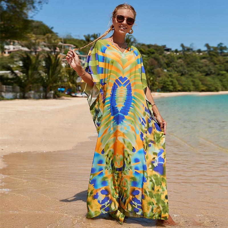EDOLYNSA Women Elegant Kaftan Dresses Long Plus Size Bathing Suit Cover Up Resort Wear Beach Swimsuit Coverups Loose LoungewearQ1464