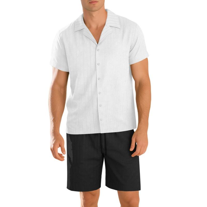 Mens Casual Two Piece Outfit Textured Short Sleeve Cuban Collar Shirt And Drawstring Shorts Set S