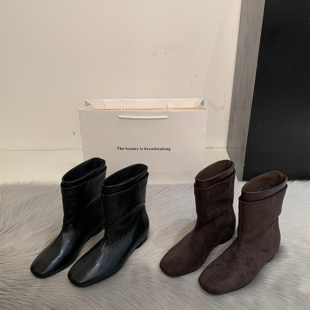 Minimalist style~ Korean style small square head low slope heel thin boots women's autumn and winter thin foreign style small short boots one foot