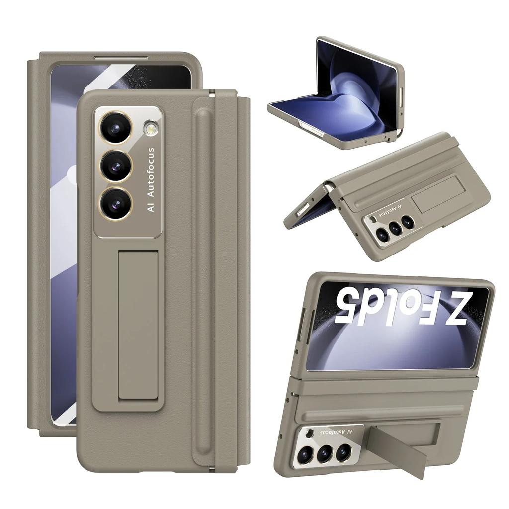 Luxury Leather With Holder Fold5 Fold6 Hinge Protector Case For Samsung Galaxy Z Fold 6 5 4 5G With Glass Screen Protector Cover