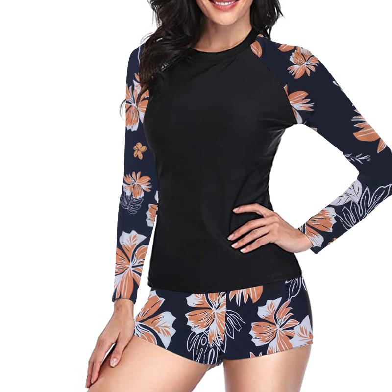 Women Two Pieces Vintage Print Rash Guard Swimwear Long Sleeve Shirt Shorts Surf Top Retro Print Running Shirt Split Swimsuit