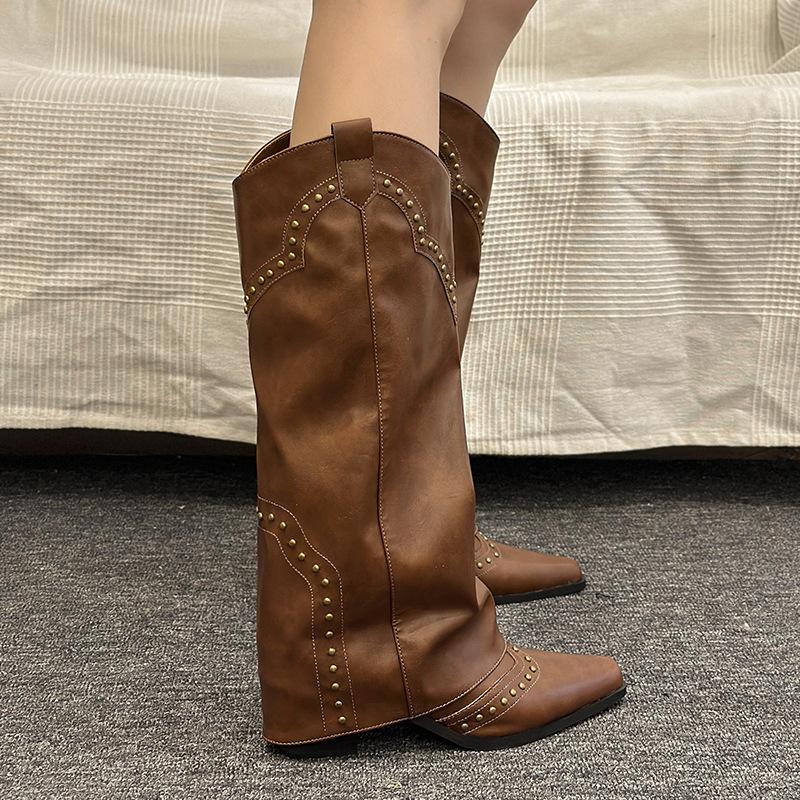 Rivet high trouser boots women's 2025 new spring and autumn thick heel western cowboy boots knight boots small women's boots