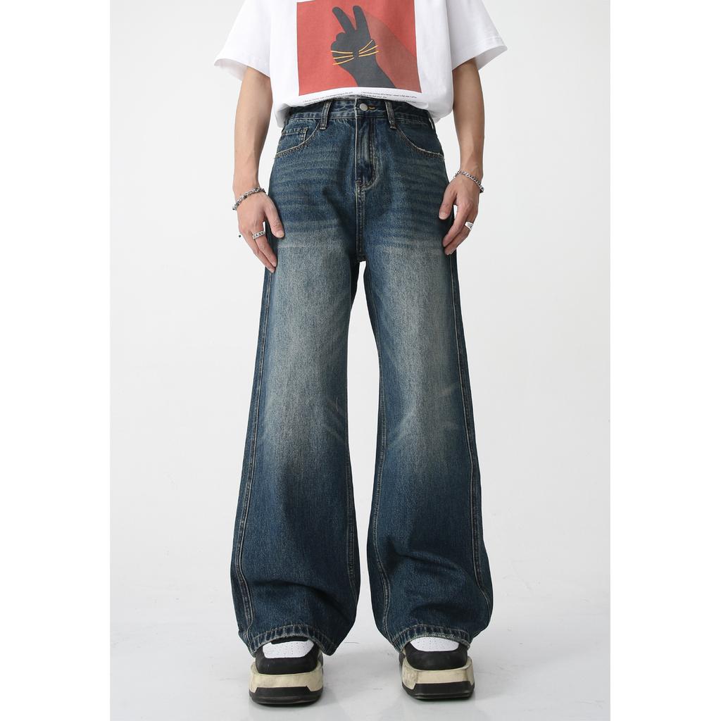| Washed Cat Whiskers Straight White Casual Denim Trousers Loose Wide Legs Mopping Tide